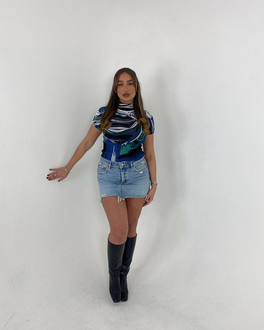 SHORT SLEEVE PLEATED TOP - BLUE AND GREEN