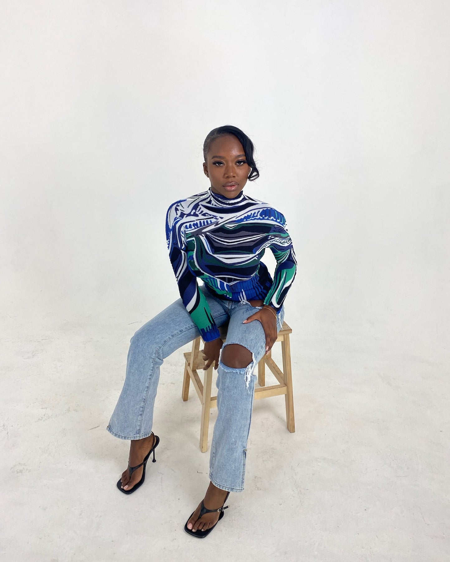 LONG SLEEVE PLEATED TOP - BLUE AND GREEN
