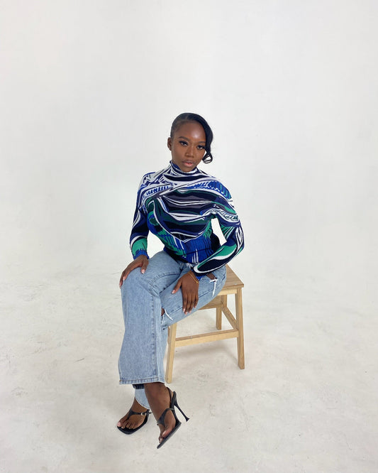 LONG SLEEVE PLEATED TOP - BLUE AND GREEN