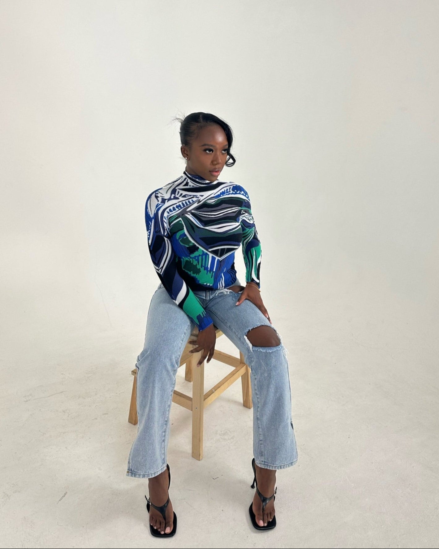 LONG SLEEVE PLEATED TOP - BLUE AND GREEN