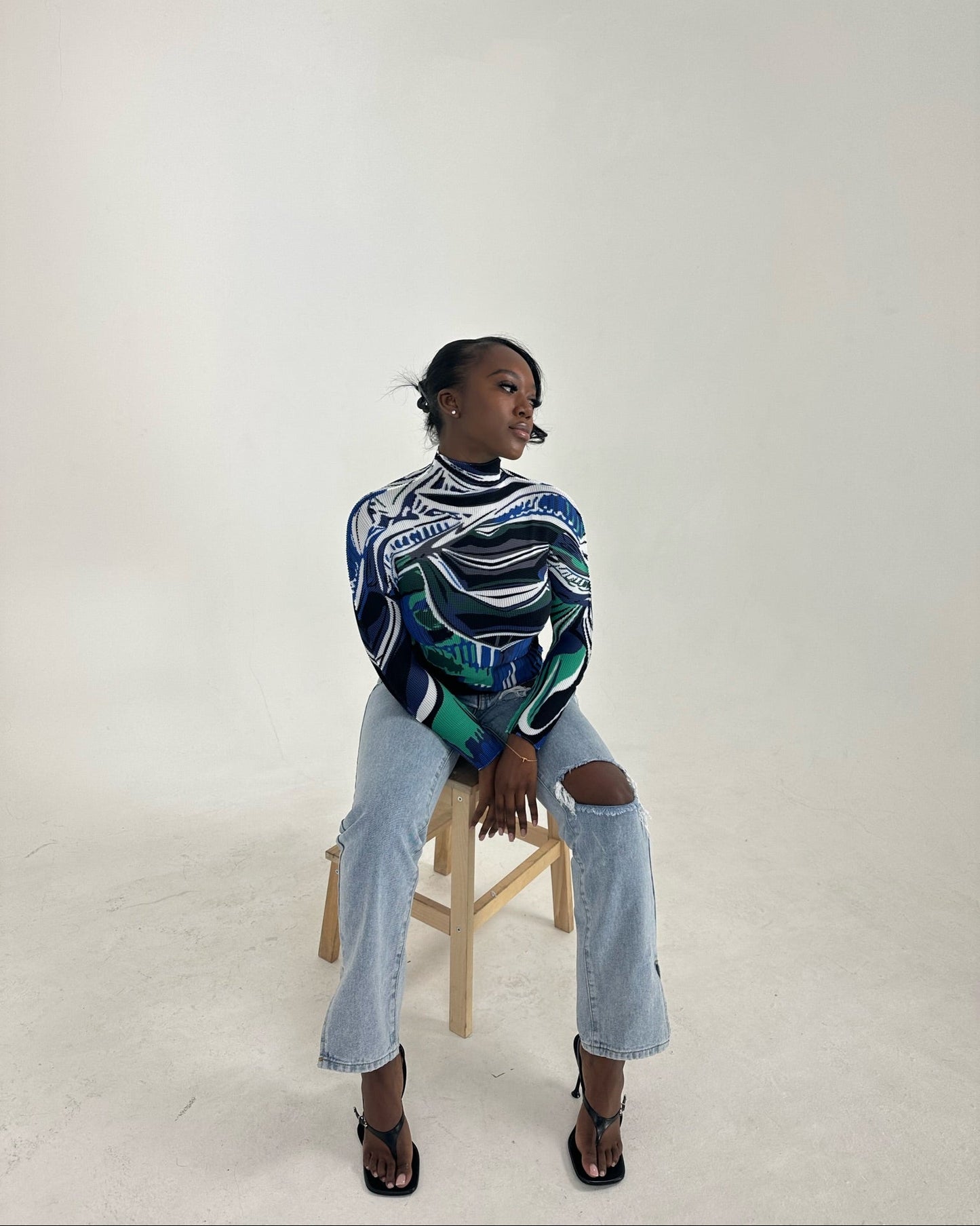 LONG SLEEVE PLEATED TOP - BLUE AND GREEN